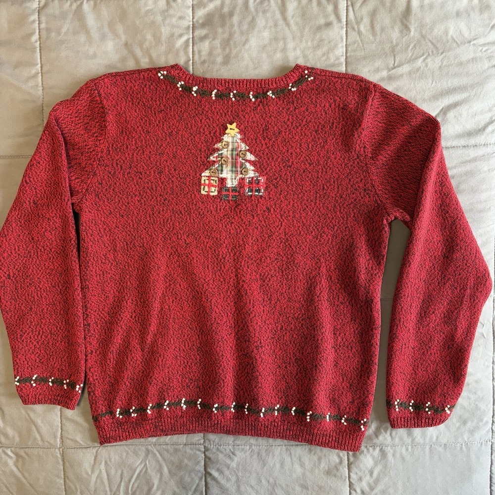VTG Women's S/M ? Christmas Sweater Button Embroidered Tree Buttons Y2K Cottage - Picture 2 of 10